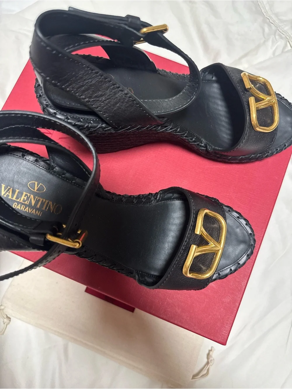 Valentino Black Leather Wedge Sandals with Gold Buckle - Women